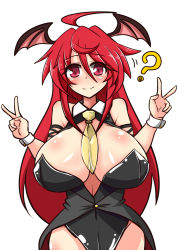 Rule 34 | 1girl, ?, ahoge, alternate costume, bare shoulders, bat wings, black leotard, blush, breasts, cowboy shot, demon wings, double v, head wings, huge breasts, koakuma, leotard, looking at viewer, necktie, nontraditional playboy bunny, playboy bunny, red eyes, red hair, rindou (p41neko), smile, solo, swept bangs, tailcoat, touhou, v, wings, wrist cuffs, yellow necktie