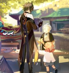 Rule 34 | 1girl, 2boys, aged down, ahoge, architecture, black gloves, blurry, blurry background, brown hair, child, clothes grab, coat, commentary request, day, earrings, east asian architecture, from behind, full body, gem, genshin impact, gloves, grey hair, hair bun, hair tie, jewelry, long sleeves, low ponytail, multiple boys, old, old woman, orange hair, pointing, red scarf, rokuon, scarf, shirt, short hair with long locks, single earring, standing, table, tartaglia (genshin impact), tassel, tassel earrings, vision (genshin impact), white shirt, zhongli (genshin impact)