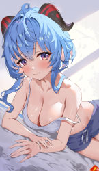 Rule 34 | 1girl, absurdres, ahoge, bare arms, bare shoulders, blue hair, blush, breasts, camisole, cleavage, closed mouth, collarbone, commentary request, cowboy shot, drawstring, dutch angle, ganyu (genshin impact), genshin impact, goat horns, highres, horns, indoors, long hair, looking at viewer, lying, medium breasts, navel, on side, paid reward available, purple eyes, purple shorts, raised eyebrows, short shorts, shorts, sidelocks, solo, stomach, strap slip, thighs, twisted torso, white camisole, yamamoto (ymmt is sexy)