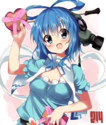 Rule 34 | 1girl, bad id, bad pixiv id, belt, blue dress, blue eyes, blue hair, blush, box, candy, chocolate, chocolate heart, dress, female focus, flower, food, gas mask, gift, gift box, hair ornament, hair rings, hair stick, heart, kaku seiga, looking at viewer, mask, matching hair/eyes, open mouth, smile, solo, supershiruco, touhou, valentine
