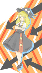 Rule 34 | 1girl, absurdres, arrow (symbol), black hat, black skirt, black vest, blonde hair, blush, bow, brown footwear, closed eyes, closed mouth, commentary request, cookie (touhou), full body, hat, hat bow, highres, kirisame marisa, long hair, puffy short sleeves, puffy sleeves, shirt, shoes, short sleeves, skirt, smile, socks, solo, star (symbol), suzu (cookie), touhou, vest, white bow, white shirt, white socks, witch hat, yumekamaborosh