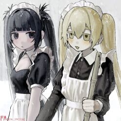 Rule 34 | 2girls, :&lt;, apron, black dress, black eyes, black hair, blonde hair, blush, breasts, closed mouth, dress, giv 81, highres, holding, long hair, long sleeves, maid, maid apron, maid headdress, multiple girls, open mouth, original, outdoors, short sleeves, sidelocks, small breasts, snow, snowing, twintails, twitter username, white apron, yellow eyes