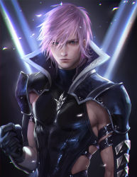 Rule 34 | 10s, 1boy, armor, artist name, belt, blue eyes, chromatic aberration, clenched hand, closed mouth, final fantasy, final fantasy xiii, gender request, genderswap, gloves, halterneck, highres, lightning farron, male focus, muscular, pink hair, sakimichan, solo, upper body, wavy hair