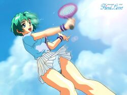 Rule 34 | 1girl, aqua hair, blue eyes, copyright name, day, dripping, feet out of frame, findlove, frilled panties, frills, holding, holding racket, lens flare, miniskirt, motion blur, non-web source, official art, open mouth, outdoors, panties, photoshop (medium), pleated skirt, racket, shirt tucked in, short hair, short sleeves, skirt, sky, solo, sportswear, sweat, takanashi naoko, teeth, tennis, tennis racket, tennis uniform, underwear, upper teeth only, white panties, white skirt, wristband