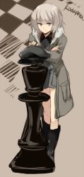 Rule 34 | 1girl, bad id, bad twitter id, checkered background, chess piece, coat, crossed arms, grey eyes, grey hair, hat, unworn hat, unworn headwear, huberta von bonin, kodamari, leaning forward, long sleeves, military, military uniform, open clothes, open coat, oversized object, peaked cap, short hair, solo, strike witches, twitter username, uniform, world witches series