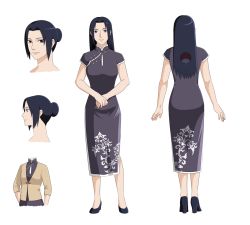 Rule 34 | 1girl, black hair, blue eyes, china dress, chinese clothes, dress, full body, high heels, highres, long hair, mature female, naruto, naruto (series), shi gong, side slit, simple background, solo, uchiha mikoto, white background