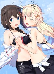 Rule 34 | 10s, 2girls, :o, ;d, adapted costume, ahoge, aqua eyes, bad id, bad pixiv id, bare arms, bare shoulders, bikini, bikini top only, black bikini, black ribbon, black skirt, blonde hair, blue background, braid, breasts, brown hair, collarbone, french braid, hair flaps, hair ornament, hair over shoulder, hair ribbon, hairclip, hairpin, holding hands, interlocked fingers, jacket, kantai collection, long hair, long sleeves, medium breasts, multiple girls, nanotaro, one eye closed, open clothes, open jacket, open mouth, red eyes, ribbon, scarf, shigure (kancolle), simple background, single braid, skirt, smile, swimsuit, very long hair, white jacket, white scarf, yuudachi (kancolle)