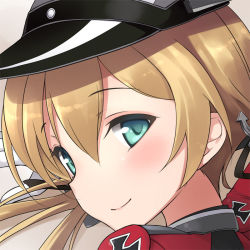 Rule 34 | 10s, 1girl, aqua eyes, blonde hair, blush, close-up, hat, kantai collection, kochipu, looking at viewer, military hat, prinz eugen (kancolle), smile, solo