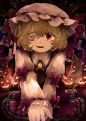 Rule 34 | 1girl, adapted costume, ascot, black ascot, blonde hair, blouse, brooch, collared shirt, commentary request, dark background, dress, fangs, flandre scarlet, frilled dress, frilled shirt collar, frilled sleeves, frills, hair between eyes, halloween, hat, hat tip, highres, jewelry, limited palette, long sleeves, looking at viewer, maa (forsythia1729), medium hair, mob cap, open mouth, purple dress, red eyes, red ribbon, ribbon, ribbon-trimmed headwear, ribbon trim, shirt, side ponytail, solo, touhou, white hat, white shirt, wings, yellow brooch