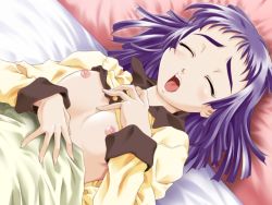 Rule 34 | 1girl, bed, blush, closed eyes, game cg, maruto!, purple hair, watashi ni konya ai ni kite, yuuki misago