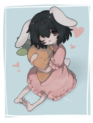 Rule 34 | 1girl, :3, animal ears, barefoot, black hair, blush stickers, carrot necklace, commentary request, dress, floppy ears, frilled dress, frilled sleeves, frills, full body, hair between eyes, hair intakes, heart, highres, inaba tewi, jewelry, looking at viewer, medium bangs, necklace, noromatoro, hugging object, one eye closed, open mouth, pink dress, rabbit ears, rabbit girl, rabbit tail, red eyes, short hair, short sleeves, smile, solo, stuffed carrot, tail, toes, touhou