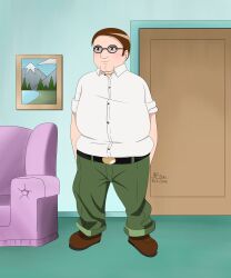 Rule 34 | 1boy, absurdres, afiliun, animification, belt, brown footwear, buttons, closed mouth, collared shirt, couch, door, double chin, family guy, fat, fat man, glasses, green pants, hands in pockets, highres, pants, peter griffin, shirt, shirt tucked in, standing, white shirt