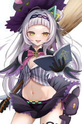Rule 34 | 1girl, arched bangs, black capelet, black gloves, black headwear, black skirt, book, bow, bowtie, breasts, broom, capelet, commentary request, cowboy shot, cropped shirt, gloves, grey hair, grey shirt, grimoire, groin, hair bun, hairband, hat, highres, holding, holding book, holding broom, hololive, long hair, long sleeves, looking at viewer, lowleg, lowleg skirt, midriff, miniskirt, murasaki shion, murasaki shion (1st costume), navel, open mouth, pink bow, pink bowtie, purple capelet, shiokko (murasaki shion), shirt, short eyebrows, sidelocks, single side bun, skirt, small breasts, solo focus, stomach, striped clothes, striped shirt, thighlet, tilted headwear, tk@illustration, tongue, tongue out, v-shaped eyebrows, vertical-striped clothes, vertical-striped shirt, virtual youtuber, witch, witch hat, yellow eyes