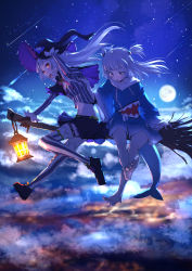 Rule 34 | 2girls, bare legs, barefoot, black capelet, black skirt, blue eyes, blue hair, blue hoodie, broom, broom riding, capelet, cloud, fins, fish tail, floating hair, full moon, gawr gura, hat, highres, hololive, hololive english, hood, hoodie, lantern, long hair, long sleeves, mitsuru (pixiv 34028718), moon, multicolored hair, multiple girls, murasaki shion, murasaki shion (1st costume), night, night sky, open mouth, orange eyes, shirt, shoes, skirt, sky, star (sky), starry sky, streaked hair, striped clothes, striped shirt, striped thighhighs, tail, thigh strap, thighhighs, two side up, vertical-striped clothes, vertical-striped shirt, vertical-striped thighhighs, virtual youtuber, white hair, witch hat