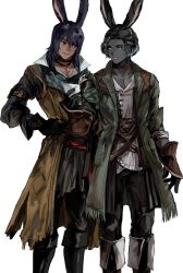Rule 34 | 2boys, animal ears, arm belt, warrior of light (ff14), belt buckle, black collar, black eyes, black footwear, black gloves, black hair, black pants, boots, brown choker, brown coat, buckle, buttons, choker, coat, collar, collarbone, commentary request, dark-skinned male, dark skin, erenville, eye contact, feet out of frame, final fantasy, final fantasy xiv, fringe trim, gloves, green coat, hand on own hip, highres, holding, holding paper, jewelry, knee boots, knee pads, korean commentary, long sleeves, looking at another, male focus, medium hair, multiple boys, pants, paper, parted lips, pendant, rabbit ears, shirt, short hair, simple background, sleeves rolled up, smile, standing, torn clothes, torn coat, viera, wefightasone 1, white background, white shirt, yellow eyes