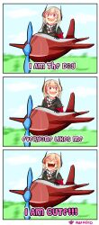 Rule 34 | 1girl, 3koma, abineko, aircraft, airplane, armband, black jacket, blonde hair, comic, day, dog of wisdom, english text, fang, flying, girls&#039; frontline, gloves, headgear, highres, jacket, long hair, m4 sopmod ii (girls&#039; frontline), open mouth, outdoors, red armband, red eyes, signature, sitting, skin fang, smile, subtitled