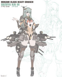 Rule 34 | 1girl, absurdres, adapted costume, aircraft, aircraft catapult, airplane, biplane, bodysuit, breasts, cannon, character name, daniel w.j., flight deck, full body, green eyes, green hair, highres, kantai collection, knee pads, long sleeves, machinery, medium breasts, original remodel (kantai collection), rigging, searchlight, standing, suzuya (kancolle), turret