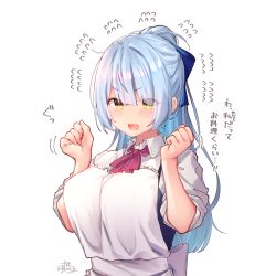 Rule 34 | 1girl, apron, bad id, bad pixiv id, blue hair, blue hair-chan (ramchi), blue ribbon, blush, breasts, commentary request, eyes visible through hair, hair ribbon, highres, large breasts, long hair, looking at viewer, open mouth, original, ponytail, ramchi, ribbon, simple background, sleeves rolled up, solo, translation request, uniform, upper body, white apron, white background, yellow eyes