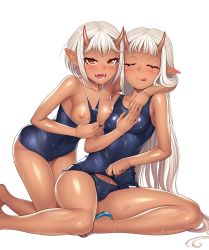 Rule 34 | 2girls, bare legs, bare shoulders, bed, blush, breast press, breasts, brown eyes, closed eyes, curvy, dark-skinned female, dark skin, demon girl, fangs, female focus, grabbing, happy, highres, horns, hug, lilith-soft, long hair, looking at viewer, looking back, multiple girls, naughty face, nipples, on bed, one-piece swimsuit, oni horns, open mouth, partially visible vulva, pillow, pointy ears, puffy nipples, seductive smile, shiny skin, short hair, siblings, sisters, sitting, small breasts, smile, sophie (taimanin asagi), sweat, swimsuit, taimanin (series), taimanin asagi, taimanin asagi kessen arena, take your pick, tongue, tongue out, twins, very long hair, white background, white hair, yuphie (taimanin asagi), zol