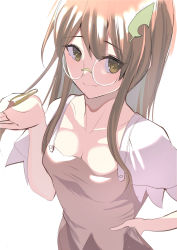 Rule 34 | 1girl, amisu, breasts, brown eyes, brown hair, brown shirt, brown skirt, cleavage, closed mouth, collarbone, futatsuiwa mamizou, glasses, hair between eyes, hair ornament, highres, holding, holding smoking pipe, leaf hair ornament, long hair, one-hour drawing challenge, round eyewear, shirt, short sleeves, simple background, skirt, smile, smoking pipe, solo, touhou, white background
