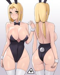 Rule 34 | 1girl, animal ears, arm at side, ass, back, bare shoulders, black leotard, blonde hair, bow, bowtie, breasts, cleavage, collarbone, cowboy shot, detached collar, donburi (donburikazoku), eyelashes, facial mark, fake animal ears, female focus, forehead mark, gluteal fold, gradient background, grey background, hand up, highleg, highleg leotard, highres, huge ass, large breasts, leotard, long hair, looking at viewer, low twintails, matching hair/eyes, multiple views, naruto (series), parted lips, playboy bunny, rabbit ears, rabbit tail, skindentation, strapless, strapless leotard, tail, thigh gap, thighhighs, thighs, tsunade (naruto), twintails, white thighhighs, wide hips, wrist cuffs, yellow eyes