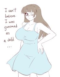 Rule 34 | 1girl, aged up, borrowed character, breasts, brown hair, camicaoo, child gf (orenji), cleavage, curvy, dress, english text, large breasts, long hair, original, pale skin, pedophile, purple eyes, simple background, solo, tagme, thick thighs, thighs, wide hips
