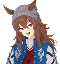 Rule 34 | 1girl, animal ears, bad id, bad twitter id, beanie, blue jacket, brown hair, cable, candy, commentary, food, food in mouth, grey hat, hat, headphones, headphones around neck, horse ears, jacket, lollipop, long hair, long sleeves, looking at viewer, mob trainer, nakayama festa (umamusume), open mouth, purple eyes, red vest, shirt, simple background, smile, solo, sweater vest, symbol-only commentary, umamusume, upper body, vest, white background, white shirt