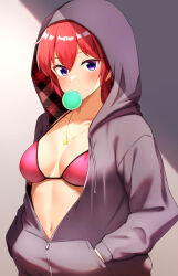 Rule 34 | 1girl, bikini, bikini top only, bikini under clothes, blush, breasts, blowing bubbles, chewing gum, cleavage, collarbone, grey jacket, hair rings, highres, hood, hood up, hooded jacket, idolmaster, idolmaster million live!, jacket, jewelry, julia (idolmaster), karua (karua23), long sleeves, medium breasts, navel, necklace, open clothes, open jacket, partially unzipped, pink bikini, red hair, short hair, solo, star (symbol), star necklace, swimsuit