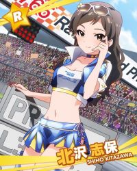 Rule 34 | 10s, 1girl, brown hair, character name, goggles, goggles on head, idolmaster, idolmaster million live!, kitazawa shiho, long hair, midriff, official art, race queen, yellow eyes