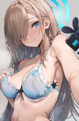 Rule 34 | 1girl, asuna (blue archive), asymmetrical bangs, bare shoulders, blue archive, blue eyes, bra, breasts, camera, hair over one eye, halo, highres, lace, lace-trimmed bra, lace trim, large breasts, light brown hair, long bangs, long hair, looking at viewer, mole, mole on breast, smile, solo, suujiniku, sweat, underwear, upper body