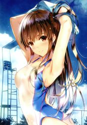 Rule 34 | 1girl, absurdres, armpits, blush, breasts, brown eyes, brown hair, collarbone, comic aun, competition swimsuit, day, highres, looking at viewer, medium breasts, misaki kurehito, navel, nipples, one-piece swimsuit, outdoors, scan, see-through, smile, solo, swimsuit, water drop