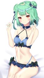 Rule 34 | 1girl, absurdres, ass, bad id, bad pixiv id, bare shoulders, bikini, blush, bow, bow bikini, breasts, bug, butterfly, collar, detached collar, double bun, frilled bikini, frilled collar, frilled skirt, frills, green hair, green nails, groin, hair between eyes, hair bun, hair ornament, hands up, highres, hololive, insect, medium hair, multicolored eyes, multicolored hair, nail polish, navel, orange eyes, red eyes, ribbon, simple background, sitting, skirt, skull hair ornament, small breasts, smile, solo, streaked hair, suisen (suisenhwa), swimsuit, uruha rushia, virtual youtuber, white background, yellow eyes