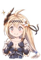 Rule 34 | &gt;:), + +, 1girl, absurdres, ahoge, bad id, bad pixiv id, bare shoulders, black ribbon, blonde hair, blue dress, blue eyes, blue gloves, blush, breasts, cleavage, closed mouth, collarbone, detached sleeves, dress, elbow gloves, flower, gloves, granblue fantasy, hair between eyes, hair flower, hair ornament, hair ribbon, highres, horns, jeanne d&#039;arc (granblue fantasy), long hair, long sleeves, low-tied long hair, medium breasts, milli little, ribbon, simple background, smile, solo, transparent background, v-shaped eyebrows, very long hair, white background, white flower