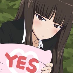 Rule 34 | 10s, 1girl, absurdres, blush, brown eyes, brown hair, camouflage background, girls und panzer, highres, long hair, looking at viewer, nekota susumu, nishizumi shiho, parted lips, pillow, solo, yes, yes-no pillow