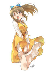 Rule 34 | 1girl, :o, absurdres, blush, bow, brown eyes, brown hair, collared dress, cropped legs, dress, earrings, hair bow, high ponytail, highres, hori yuko, idolmaster, idolmaster cinderella girls, jewelry, layered dress, long hair, long sleeves, open mouth, own hands together, ponytail, ribbon, signature, simple background, solo, surprised, tyuga, white background, wind, wind lift