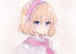 Rule 34 | 1girl, alice margatroid, bad id, bad pixiv id, blonde hair, blue eyes, blush, brown background, capelet, closed mouth, hair between eyes, hairband, looking at viewer, nanase nao, pink hairband, pink neckwear, solo, touhou, upper body, white capelet