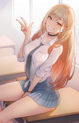 Rule 34 | 1girl, absurdres, black choker, black necktie, blonde hair, blue skirt, breasts, choker, classroom, cleavage, commentary, ear piercing, earrings, fingernails, highres, jewelry, kitagawa marin, long hair, looking at viewer, necktie, piercing, plaid, plaid skirt, radjeong, red eyes, school uniform, shirt, sitting, sitting on table, skirt, smile, solo, sono bisque doll wa koi wo suru, table, thighs, w, white shirt