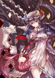 Rule 34 | 2girls, bat wings, breasts, capelet, coat, crescent, demon wings, dress, hair ribbon, hat, head wings, juliet sleeves, koakuma, long hair, long sleeves, looking at viewer, mob cap, multiple girls, open clothes, open coat, patchouli knowledge, puffy sleeves, purple dress, purple hair, red eyes, red hair, ribbon, shirt, skirt, skirt set, smile, striped clothes, striped dress, touhou, tress ribbon, upside-down, very long hair, vest, white dress, wings, zhen panxie