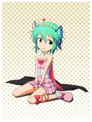 Rule 34 | 1girl, alternate costume, bare arms, bare shoulders, bow, butterfly hair ornament, cape, cato (monocatienus), choker, collarbone, contemporary, corset, dress, female focus, green eyes, green hair, hair ornament, halftone, halftone background, highres, jewelry, leg ribbon, looking at viewer, matching hair/eyes, open mouth, pendant, pink dress, pink footwear, pink skirt, princess wriggle, ribbon, shoes, short hair, sitting, skirt, sleeveless, sleeveless dress, solo, tiara, touhou, v arms, wariza, wriggle nightbug, wrist cuffs