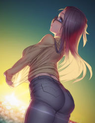 Rule 34 | 1girl, ass, bangs pinned back, black-framed eyewear, blue eyes, breasts, closed mouth, clothes tug, denim, glasses, jeans, kagamihara sakura, large breasts, lips, long hair, long sleeves, looking at viewer, looking back, outdoors, pants, purple hair, ribbed sweater, rotix, see-through, see-through silhouette, solo, sunset, sweater, sweater tug, turtleneck, turtleneck sweater, yurucamp