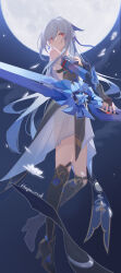 Rule 34 | 1girl, absurdres, black footwear, blue background, blue hairband, chinese clothes, detached sleeves, earrings, full body, full moon, hairband, hapwind, highres, holding, holding sword, holding weapon, honkai: star rail, honkai (series), jewelry, jingliu (honkai: star rail), looking at viewer, moon, night, red eyes, single earring, smile, solo, sword, weapon, white hair