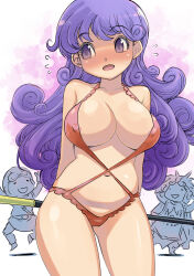 Rule 34 | 1girl, 2boys, areola slip, averting eyes, blush, covered erect nipples, curly hair, dragon quest, dragon quest ii, eyelashes, flying sweatdrops, highres, long hair, multiple boys, muramasa mikado, navel, one-piece swimsuit, prince of lorasia, prince of samantoria, princess of moonbrook, purple eyes, purple hair, red one-piece swimsuit, revealing swimsuit (dq), solo focus, staff, swimsuit, thighs