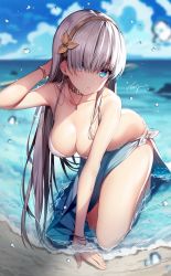 Rule 34 | 1girl, all fours, anastasia (fate), arm up, bare shoulders, beach, bikini, blue eyes, blue sky, blurry, bracelet, breasts, cleavage, cloud, collarbone, commentary request, day, depth of field, earrings, fate/grand order, fate (series), gold trim, hair between eyes, hair over one eye, hairband, head tilt, highres, horizon, jewelry, long hair, looking at viewer, medium breasts, necklace, necomi, outdoors, parted lips, sarong, signature, silver hair, sky, solo, strap gap, swimsuit, very long hair, water, water drop, wet, white bikini