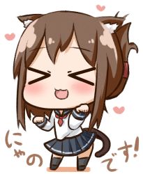 Rule 34 | &gt; &lt;, 10s, 1girl, :3, animal ears, brown hair, cat ears, cat tail, chibi, closed eyes, commentary, half updo, hana kazari, heart, heart background, highres, inazuma (kancolle), kantai collection, open mouth, paw pose, simple background, solo, tail, thighhighs, translated