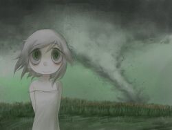 Rule 34 | 1girl, @ @, absurdres, bags under eyes, closed mouth, corn field, dress, green eyes, grey hair, grey sky, highres, looking at viewer, mentha (menthalovely), messy hair, no nose, original, short hair, sky, solo, strap slip, tornado, white dress