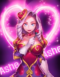 Rule 34 | 1girl, ashe (league of legends), blue eyes, breasts, choker, flower, g.t, geronimo01, gloves, hair ornament, heart, heartseeker ashe, large breasts, league of legends, open mouth, puffy sleeves, purple hair, ringlets, smile, solo