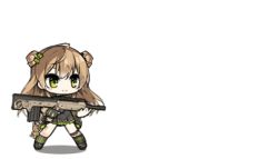 Rule 34 | 1girl, ^ ^, animated, animated gif, assault rifle, asymmetrical legwear, bow, brown hair, bullpup, chibi, closed eyes, closed mouth, double bun, full body, girls&#039; frontline, green bow, green eyes, green legwear, gun, hair bow, hair bun, holding, holding gun, holding weapon, jumping, kel-tec rfb, long hair, lowres, mismatched legwear, official art, open mouth, rfb (girls&#039; frontline), rifle, semi-automatic firearm, semi-automatic rifle, simple background, smile, solo, weapon, white background, wind