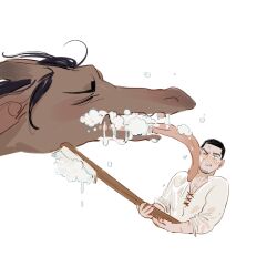 Rule 34 | 2boys, alternate universe, animalization, black eyes, black hair, brushing another&#039;s teeth, chengongzi123, closed eyes, collared shirt, cropped torso, dragon, facial hair, goatee stubble, golden kamuy, hands up, highres, holding, holding toothbrush, horns, koito otonoshin, licking, licking another&#039;s face, looking at another, male focus, multiple boys, one eye closed, open mouth, oversized object, scar, scar on arm, scar on chest, shirt, short hair, simple background, stubble, tongue, tongue out, toothbrush, tsukishima hajime, very short hair, white background