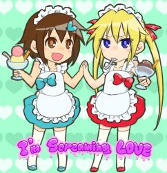 Rule 34 | 2girls, bad id, bad pixiv id, blonde hair, brown eyes, brown hair, das-buch, food, hair ornament, hair ribbon, hairclip, heart, ice cream, kill me baby, maid, maid headdress, multiple girls, open mouth, oribe yasuna, purple eyes, ribbon, sonya (kill me baby), thighhighs, twintails