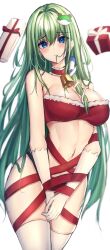 Rule 34 | 1girl, 7saki, bad id, bad twitter id, bell, commentary, frog hair ornament, gift, green hair, hair in own mouth, hair ornament, hair tubes, highres, kochiya sanae, long hair, midriff, monochrome, navel, red ribbon, ribbon, simple background, single sidelock, skindentation, snake hair ornament, solo, thighhighs, touhou, white background